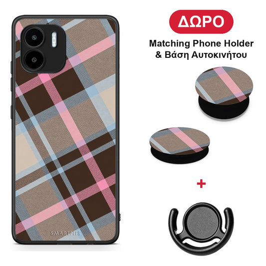 Brown Pink and Blue Diagonal Plaid - Xiaomi Redmi A1 / A2 θήκη + Δώρο Phone Holder & Βάση Αυτοκινήτου