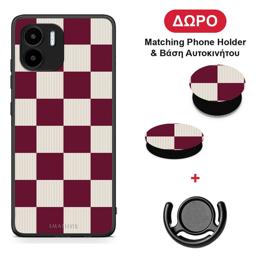 Burgundy and Cream Striped Checks - Xiaomi Redmi A1 / A2 θήκη + Δώρο Phone Holder & Βάση Αυτοκινήτου