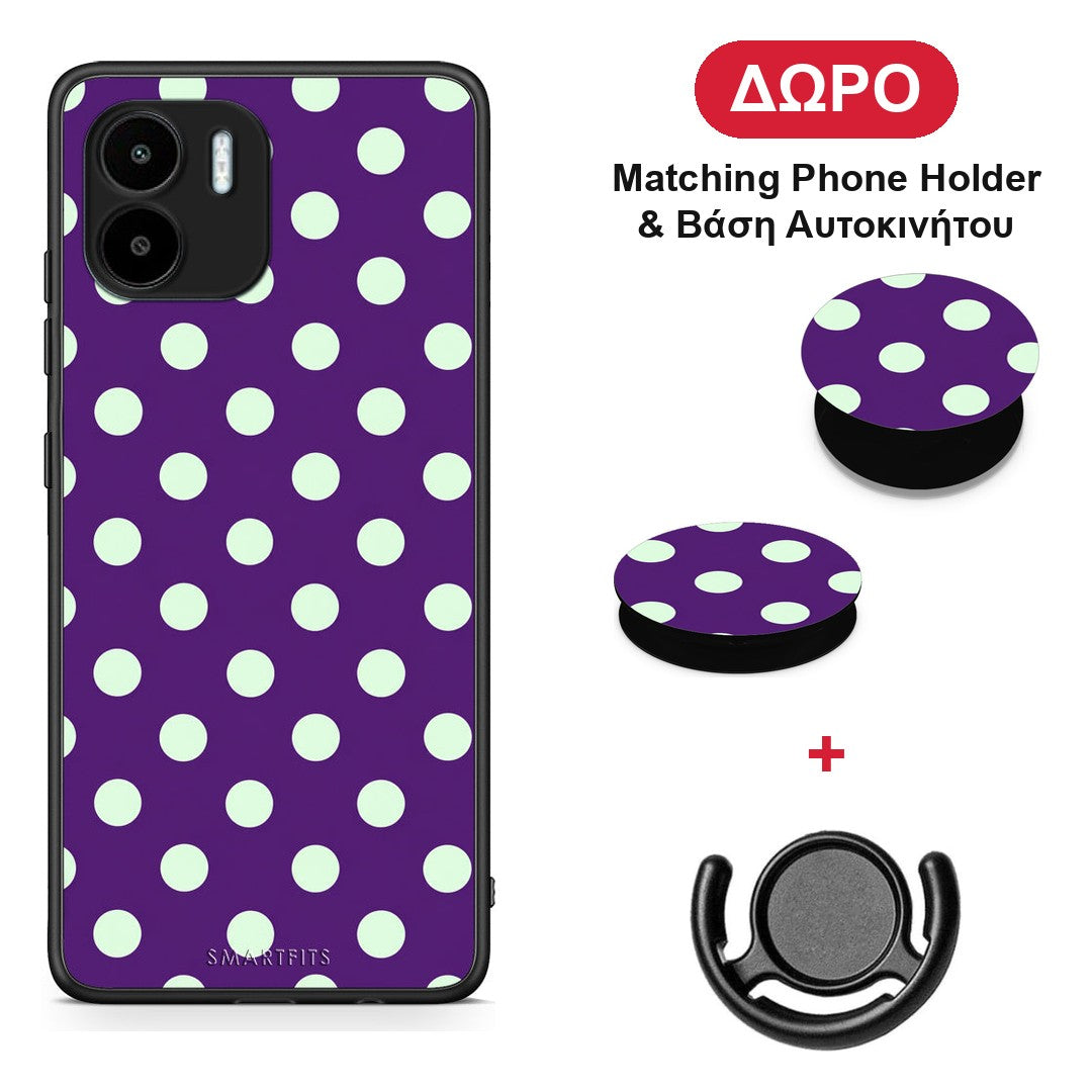 Mint Polka Dots on Purple - Xiaomi Redmi A1 / A2 θήκη + Δώρο Phone Holder & Βάση Αυτοκινήτου