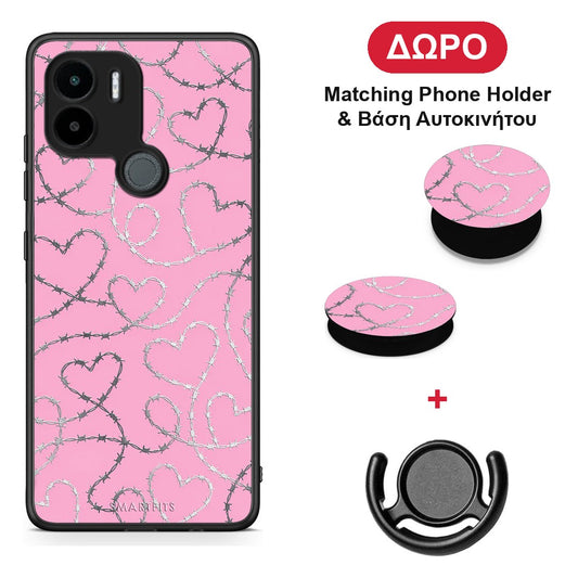 Barbed Wire Hearts on Pink - Xiaomi Redmi A1+ / A2+ θήκη + Δώρο Phone Holder & Βάση Αυτοκινήτου