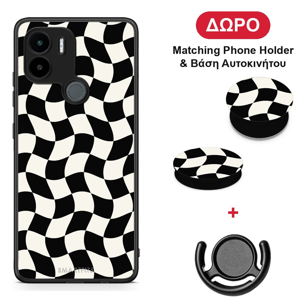 Black and Cream Wavy Checkerboard - Xiaomi Redmi A1+ / A2+ θήκη + Δώρο Phone Holder & Βάση Αυτοκινήτου