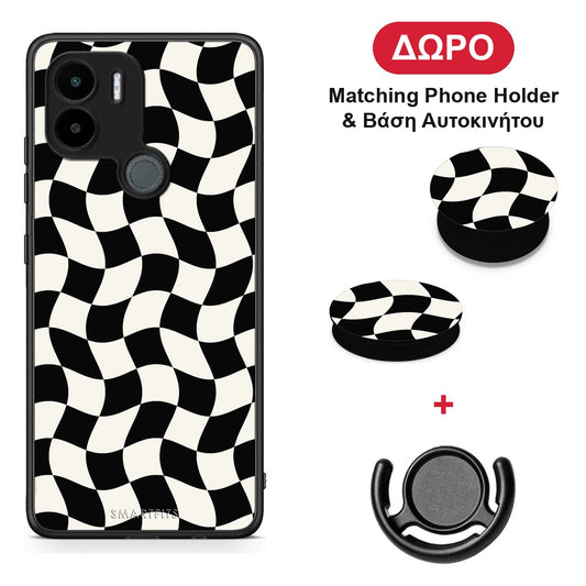 Black and Cream Wavy Checkerboard - Xiaomi Redmi A1+ / A2+ θήκη + Δώρο Phone Holder & Βάση Αυτοκινήτου