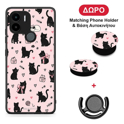 Black Cat Doodles on Pink - Xiaomi Redmi A1+ / A2+ θήκη + Δώρο Phone Holder & Βάση Αυτοκινήτου