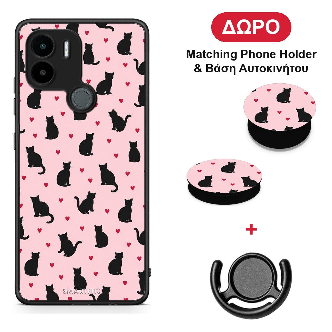Black Cat Silhouettes and Hearts on Pink - Xiaomi Redmi A1+ / A2+ θήκη + Δώρο Phone Holder & Βάση Αυτοκινήτου