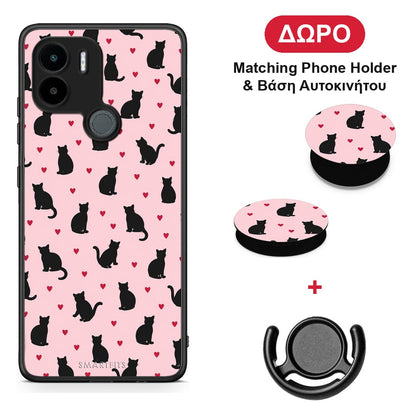 Black Cat Silhouettes and Hearts on Pink - Xiaomi Redmi A1+ / A2+ θήκη + Δώρο Phone Holder & Βάση Αυτοκινήτου
