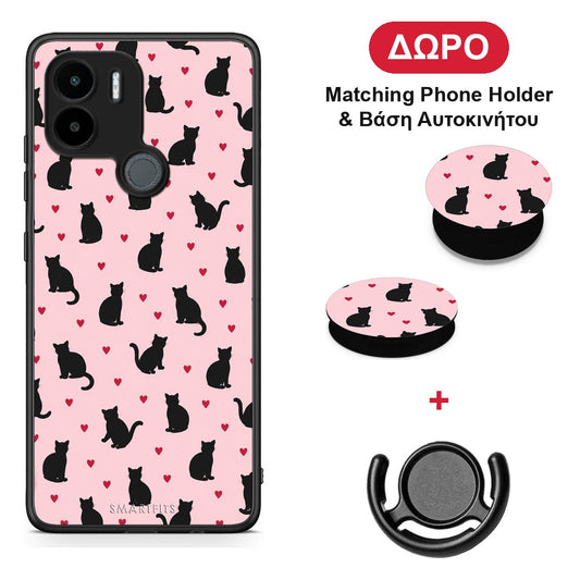 Black Cat Silhouettes and Hearts on Pink - Xiaomi Redmi A1+ / A2+ θήκη + Δώρο Phone Holder & Βάση Αυτοκινήτου