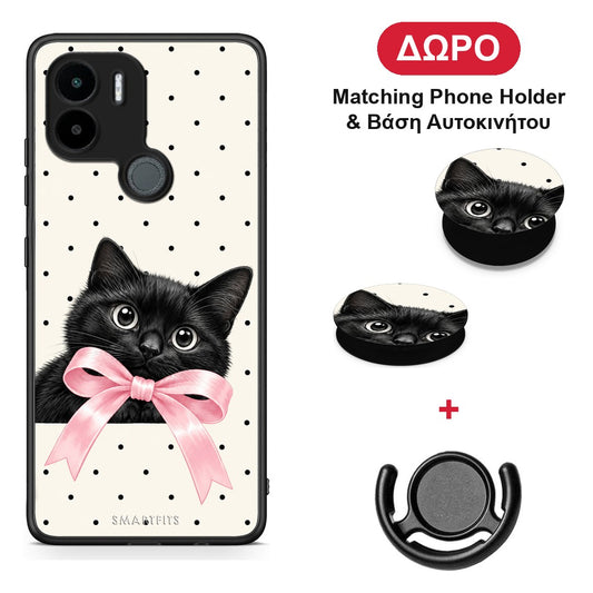 Black Kitten Pink Bow and Polka Dots - Xiaomi Redmi A1+ / A2+ θήκη + Δώρο Phone Holder & Βάση Αυτοκινήτου