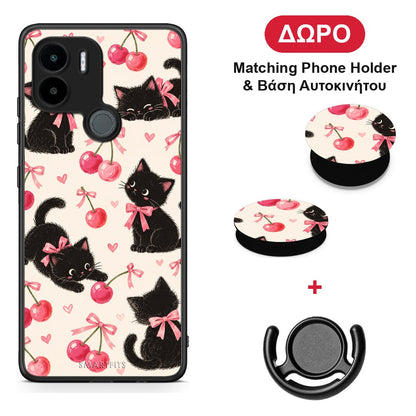 Black Kittens and Cherries on Cream - Xiaomi Redmi A1+ / A2+ θήκη + Δώρο Phone Holder & Βάση Αυτοκινήτου
