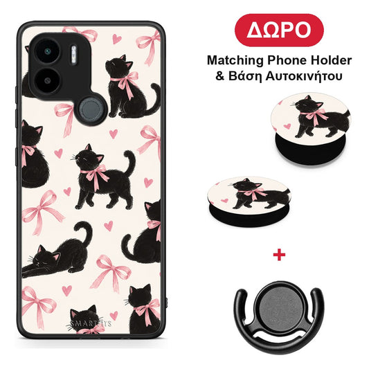 Black Kittens and Pink Bows on Cream Large - Xiaomi Redmi A1+ / A2+ θήκη + Δώρο Phone Holder & Βάση Αυτοκινήτου