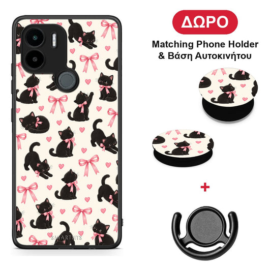 Black Kittens and Pink Bows on Cream Small - Xiaomi Redmi A1+ / A2+ θήκη + Δώρο Phone Holder & Βάση Αυτοκινήτου
