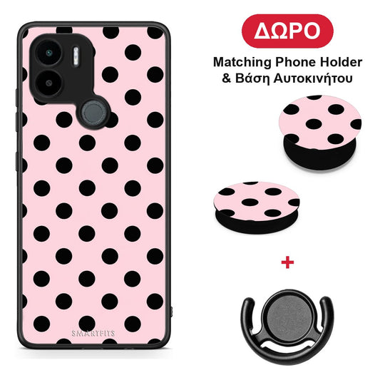 Black Polka Dots on Pink - Xiaomi Redmi A1+ / A2+ θήκη + Δώρο Phone Holder & Βάση Αυτοκινήτου