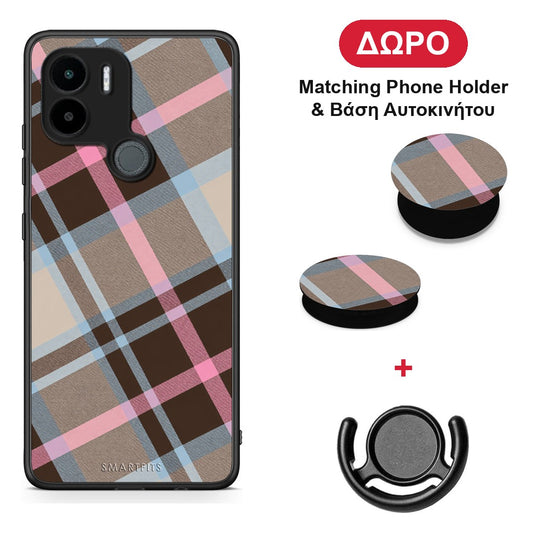 Brown Pink and Blue Diagonal Plaid - Xiaomi Redmi A1+ / A2+ θήκη + Δώρο Phone Holder & Βάση Αυτοκινήτου