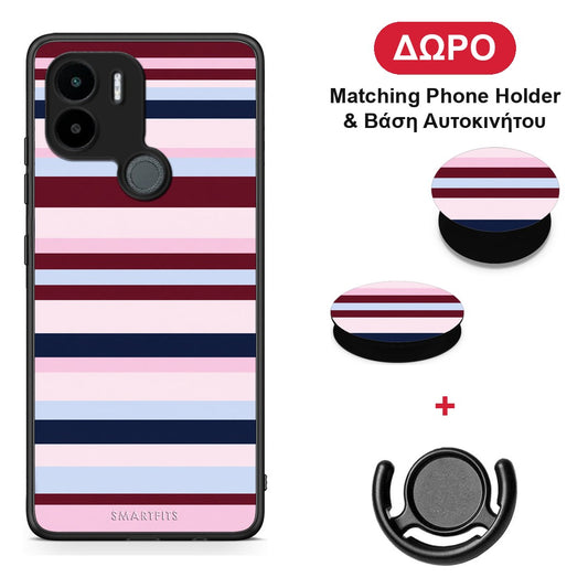 Burgundy Pink and Blue Horizontal Stripes - Xiaomi Redmi A1+ / A2+ θήκη + Δώρο Phone Holder & Βάση Αυτοκινήτου