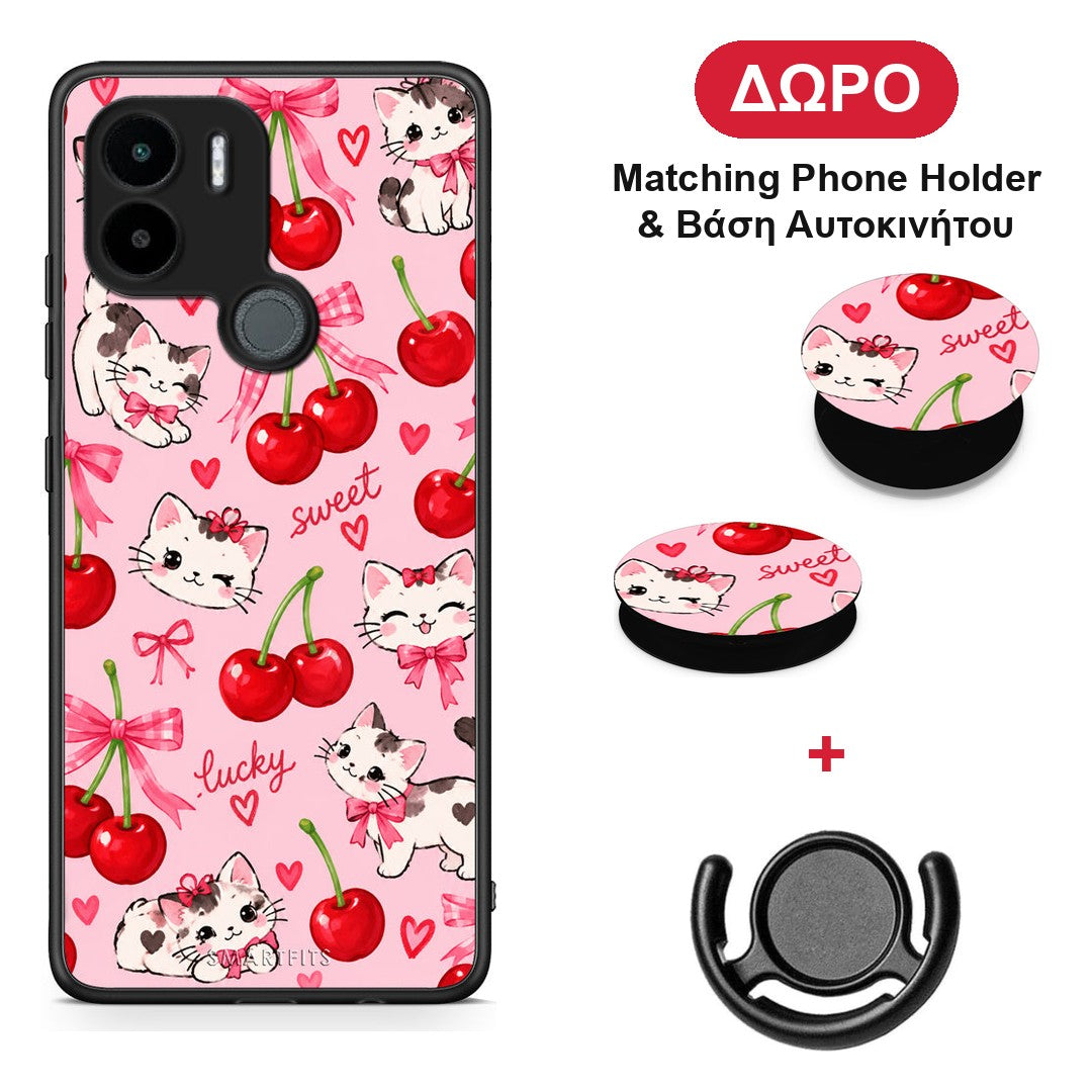 Cherries Bows and Kittens on Pink - Xiaomi Redmi A1+ / A2+ θήκη + Δώρο Phone Holder & Βάση Αυτοκινήτου