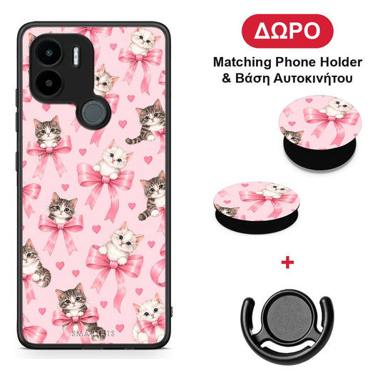 Kittens and Pink Bows on Pink - Xiaomi Redmi A1+ / A2+ θήκη + Δώρο Phone Holder & Βάση Αυτοκινήτου