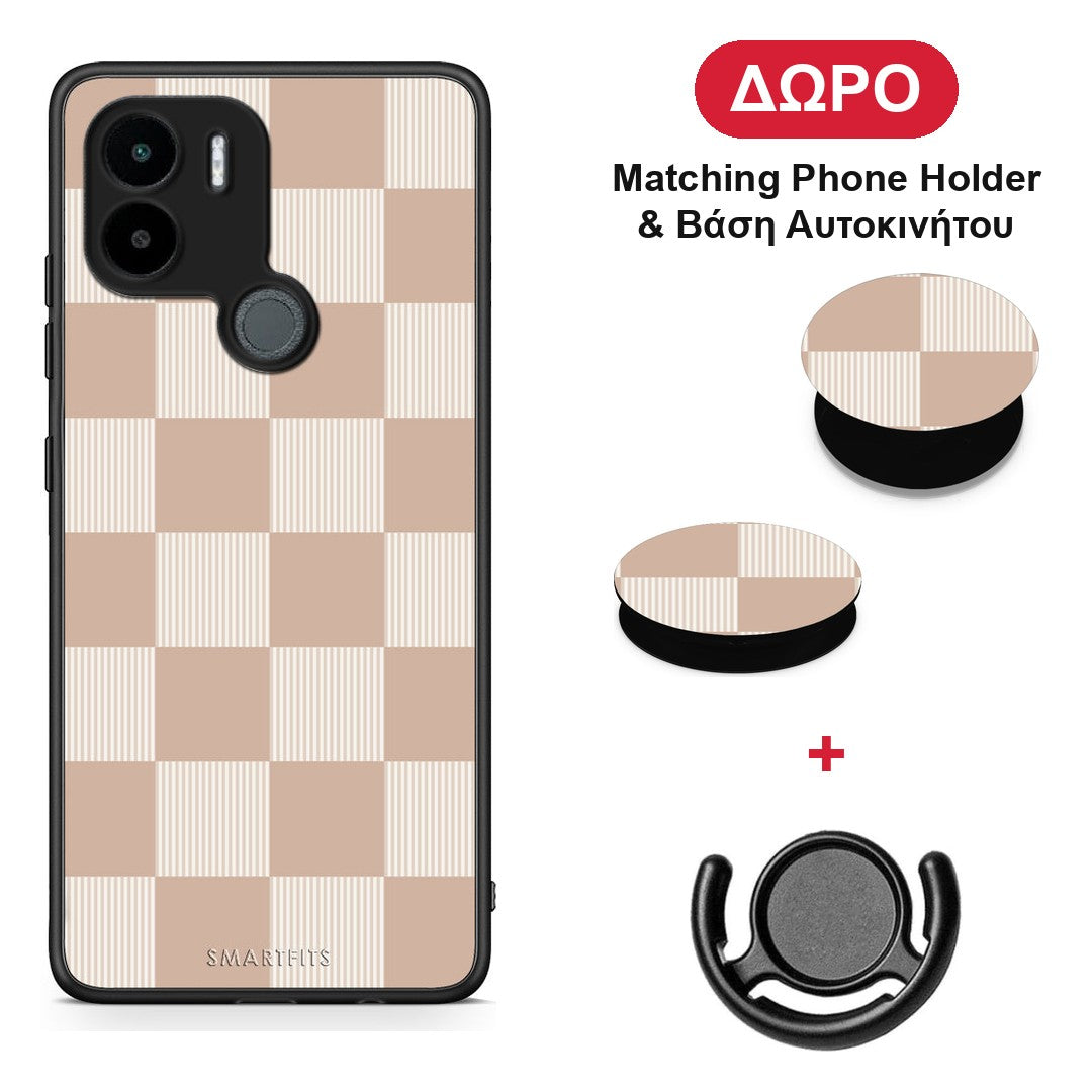 Latte and Cream Striped Checks - Xiaomi Redmi A1+ / A2+ θήκη + Δώρο Phone Holder & Βάση Αυτοκινήτου