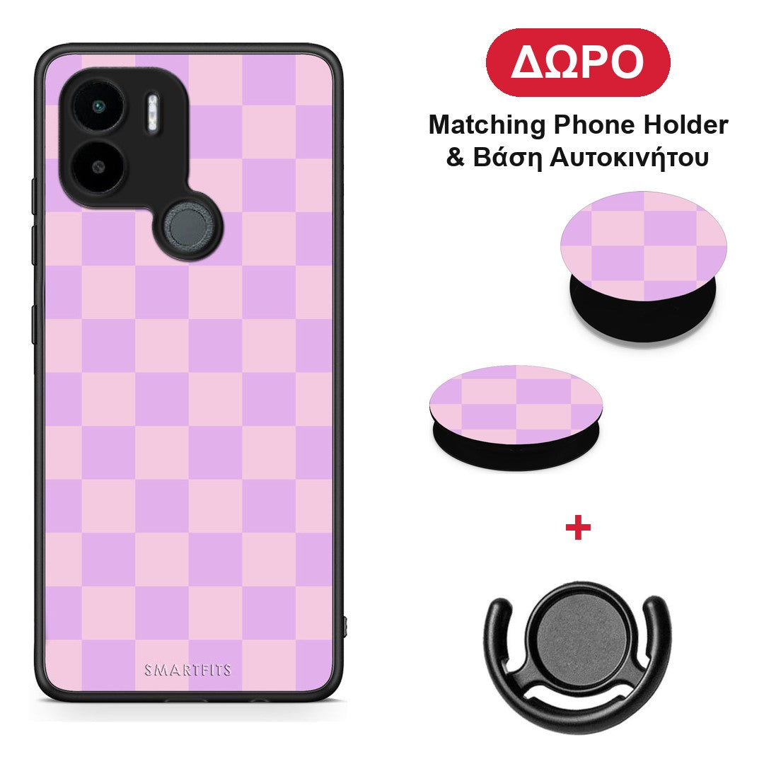 Lavender and Pink Checkerboard - Xiaomi Redmi A1+ / A2+ θήκη + Δώρο Phone Holder & Βάση Αυτοκινήτου