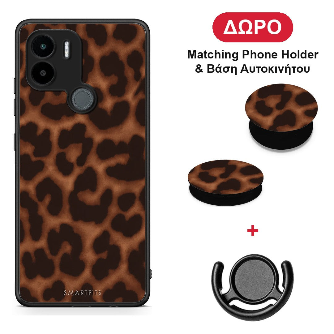 Leopard Print Dark Brown - Xiaomi Redmi A1+ / A2+ θήκη + Δώρο Phone Holder & Βάση Αυτοκινήτου