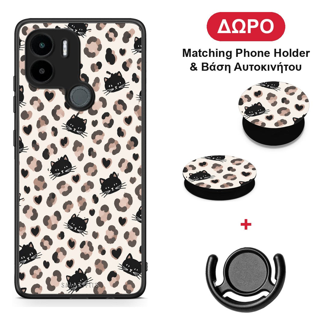Leopard Spots and Black Cats on Cream - Xiaomi Redmi A1+ / A2+ θήκη + Δώρο Phone Holder & Βάση Αυτοκινήτου