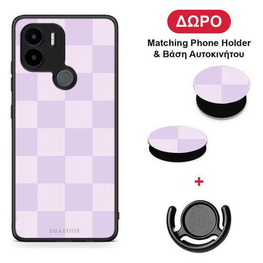 Lilac and Cream Striped Checks - Xiaomi Redmi A1+ / A2+ θήκη + Δώρο Phone Holder & Βάση Αυτοκινήτου