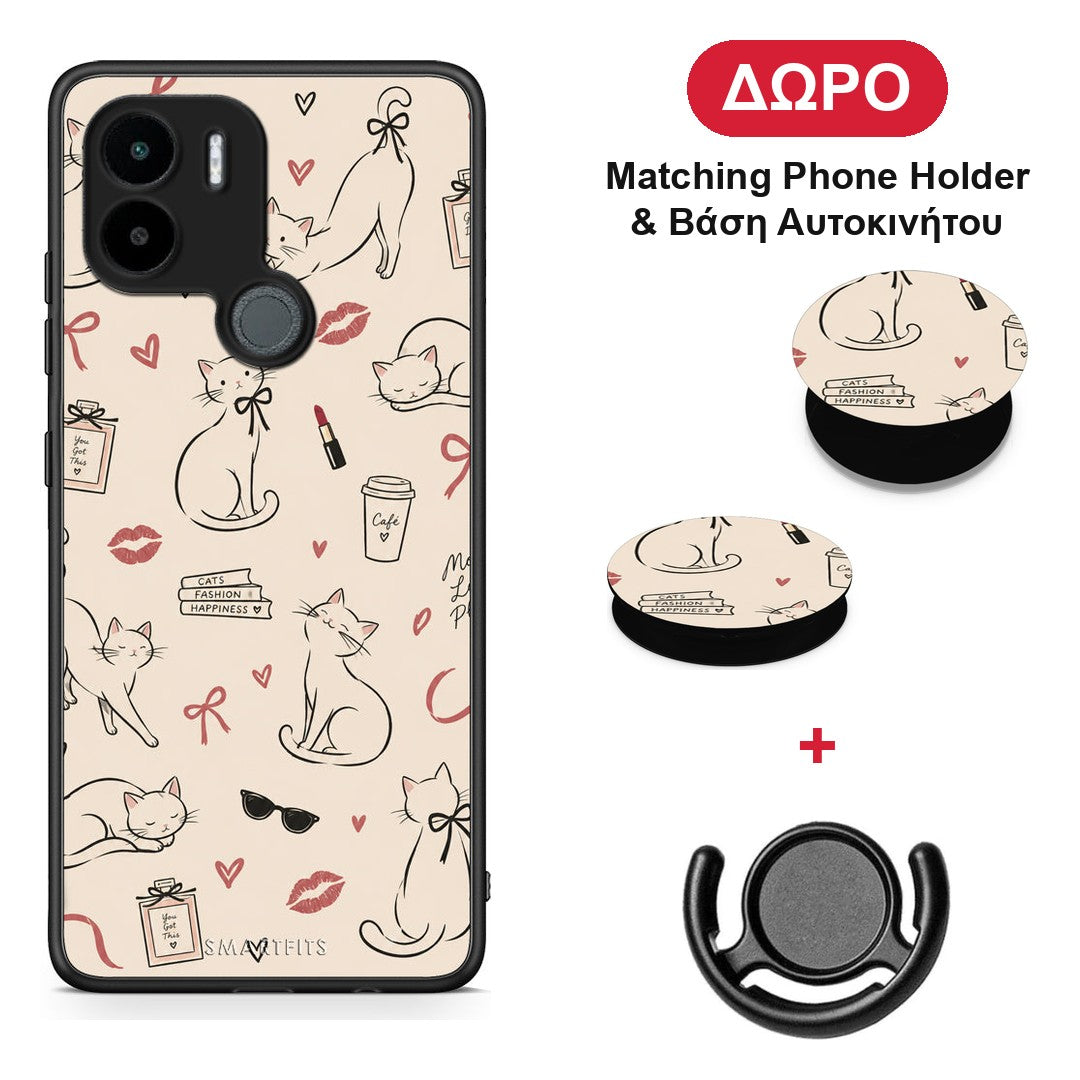 Minimal Cat and Fashion Doodles on Cream - Xiaomi Redmi A1+ / A2+ θήκη + Δώρο Phone Holder & Βάση Αυτοκινήτου