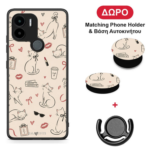 Minimal Cat and Fashion Doodles on Cream - Xiaomi Redmi A1+ / A2+ θήκη + Δώρο Phone Holder & Βάση Αυτοκινήτου