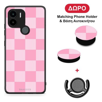 Pink and White Striped Checks - Xiaomi Redmi A1+ / A2+ θήκη + Δώρο Phone Holder & Βάση Αυτοκινήτου