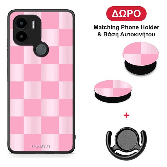 Pink and White Striped Checks - Xiaomi Redmi A1+ / A2+ θήκη + Δώρο Phone Holder & Βάση Αυτοκινήτου
