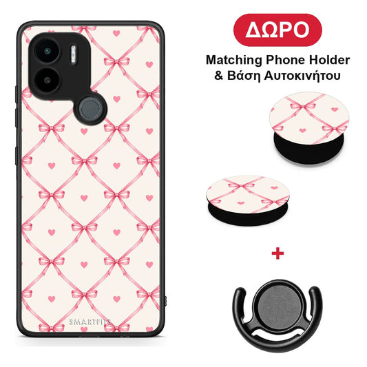 Pink Bow Lattice and Hearts on Cream - Xiaomi Redmi A1+ / A2+ θήκη + Δώρο Phone Holder & Βάση Αυτοκινήτου