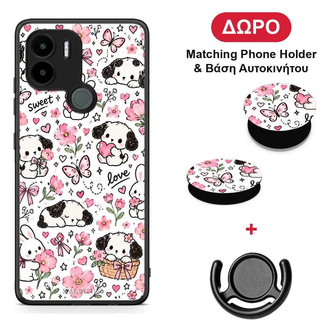 Pink Florals Puppies and Bunnies on White - Xiaomi Redmi A1+ / A2+ θήκη + Δώρο Phone Holder & Βάση Αυτοκινήτου