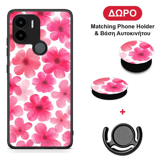 Pink Watercolour Flowers on White - Xiaomi Redmi A1+ / A2+ θήκη + Δώρο Phone Holder & Βάση Αυτοκινήτου