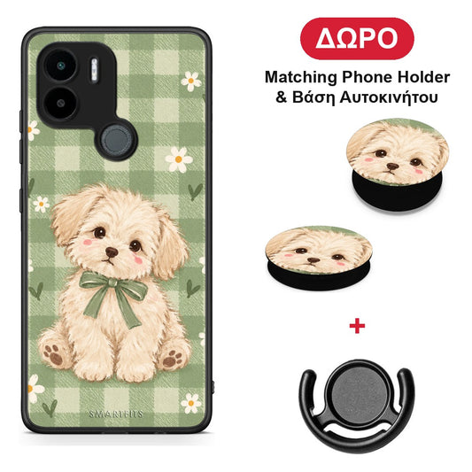 Puppy and Daisies on Sage Gingham - Xiaomi Redmi A1+ / A2+ θήκη + Δώρο Phone Holder & Βάση Αυτοκινήτου