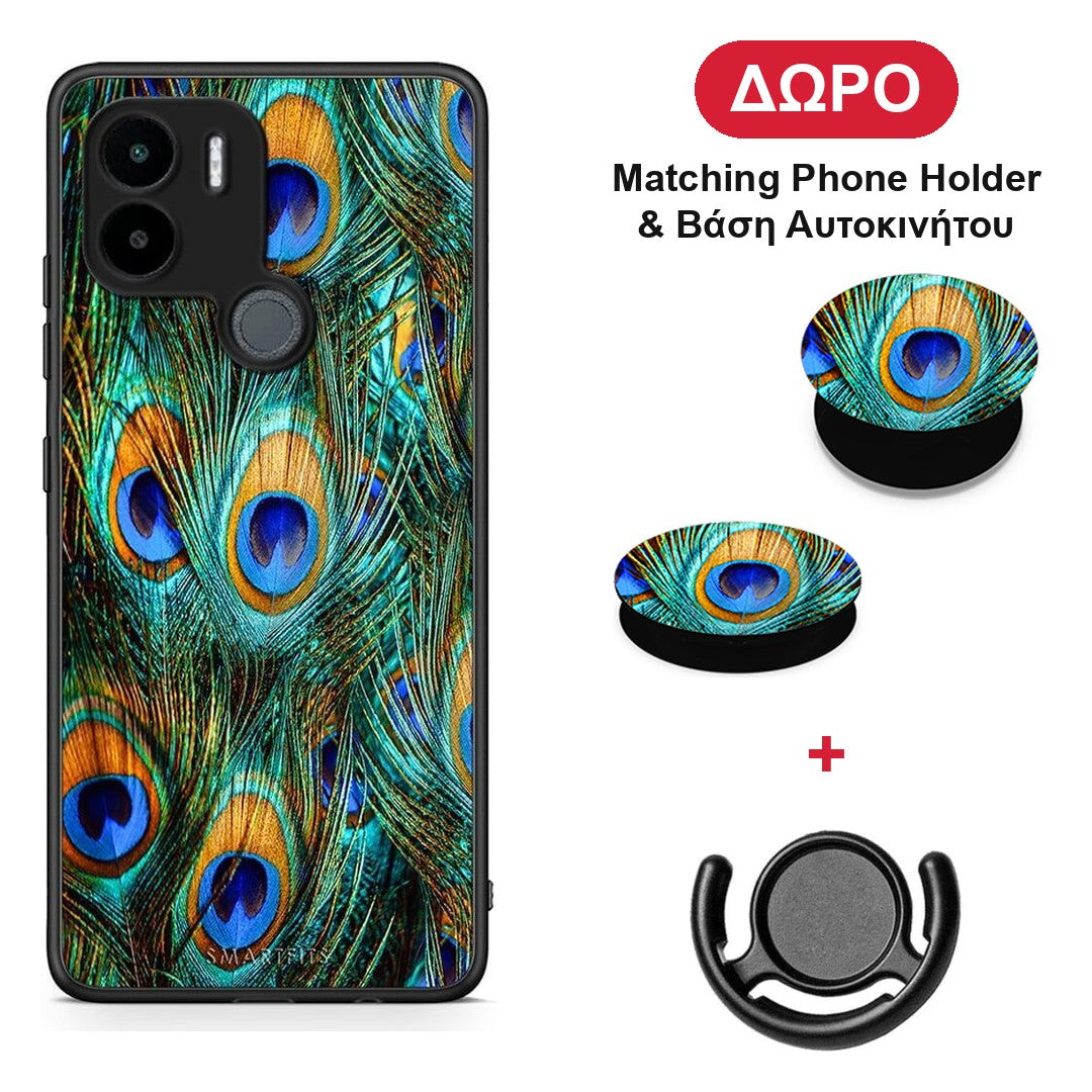 Real Peacock Feathers - Xiaomi Redmi A1+ / A2+ θήκη + Δώρο Phone Holder & Βάση Αυτοκινήτου