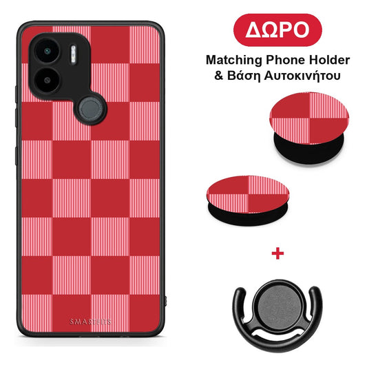 Red and Pink Striped Checks - Xiaomi Redmi A1+ / A2+ θήκη + Δώρο Phone Holder & Βάση Αυτοκινήτου