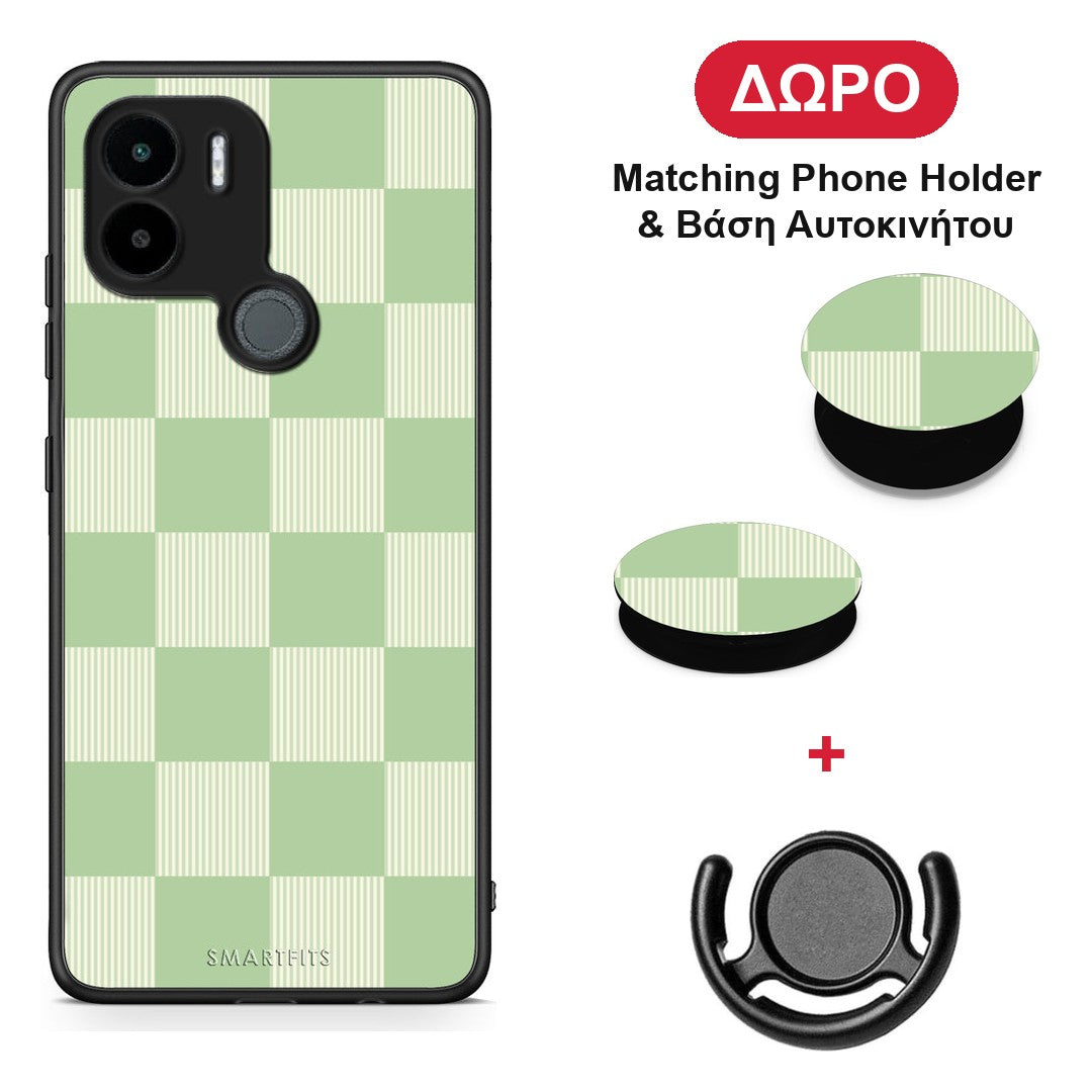Sage and Cream Striped Checks - Xiaomi Redmi A1+ / A2+ θήκη + Δώρο Phone Holder & Βάση Αυτοκινήτου