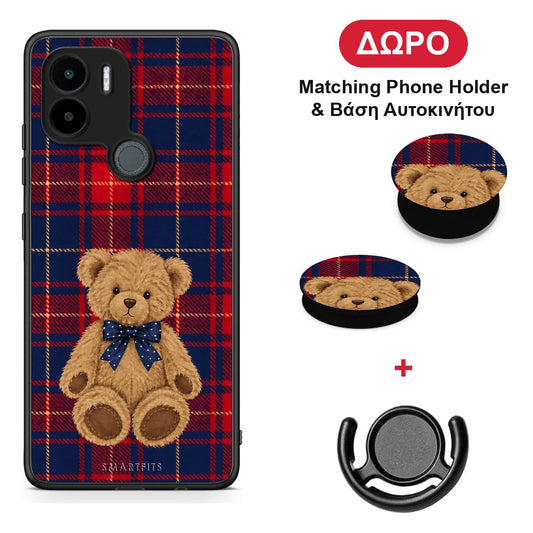 Teddy Bear on Red and Navy Tartan - Xiaomi Redmi A1+ / A2+ θήκη + Δώρο Phone Holder & Βάση Αυτοκινήτου