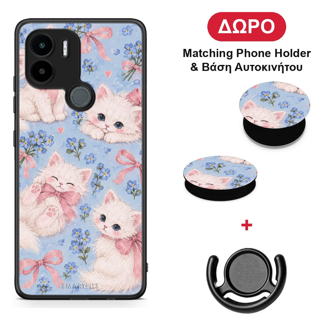 White Kittens and Blue Flowers Large - Xiaomi Redmi A1+ / A2+ θήκη + Δώρο Phone Holder & Βάση Αυτοκινήτου