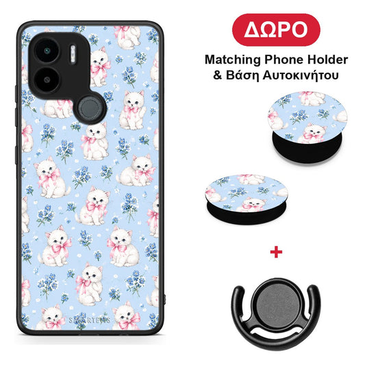 White Kittens and Blue Flowers Small - Xiaomi Redmi A1+ / A2+ θήκη + Δώρο Phone Holder & Βάση Αυτοκινήτου