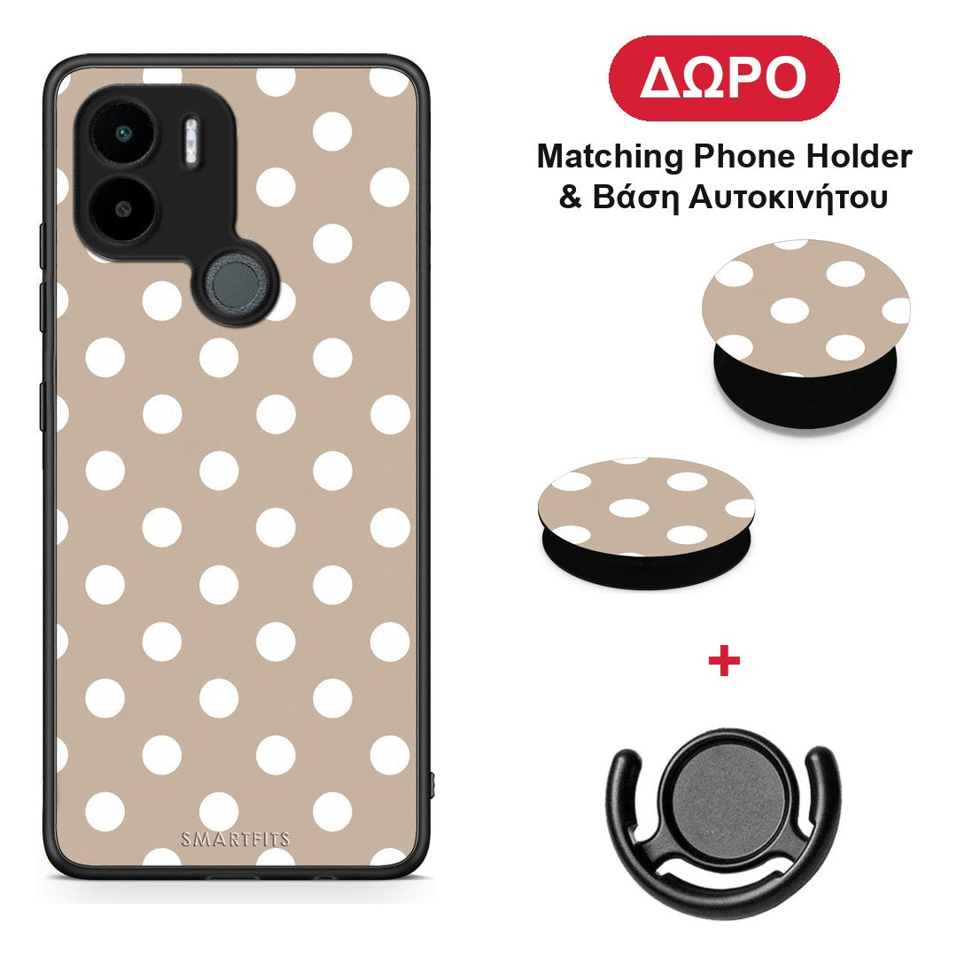 White Polka Dots on Taupe - Xiaomi Redmi A1+ / A2+ θήκη + Δώρο Phone Holder & Βάση Αυτοκινήτου