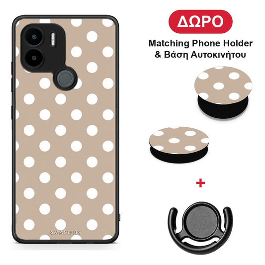 White Polka Dots on Taupe - Xiaomi Redmi A1+ / A2+ θήκη + Δώρο Phone Holder & Βάση Αυτοκινήτου