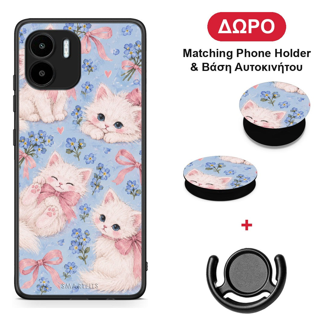 White Kittens and Blue Flowers Large - Xiaomi Redmi A1 / A2 θήκη + Δώρο Phone Holder & Βάση Αυτοκινήτου