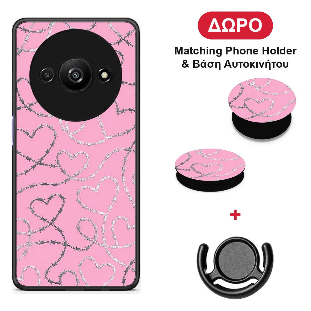 Barbed Wire Hearts on Pink - Xiaomi Redmi A3 θήκη + Δώρο Phone Holder & Βάση Αυτοκινήτου