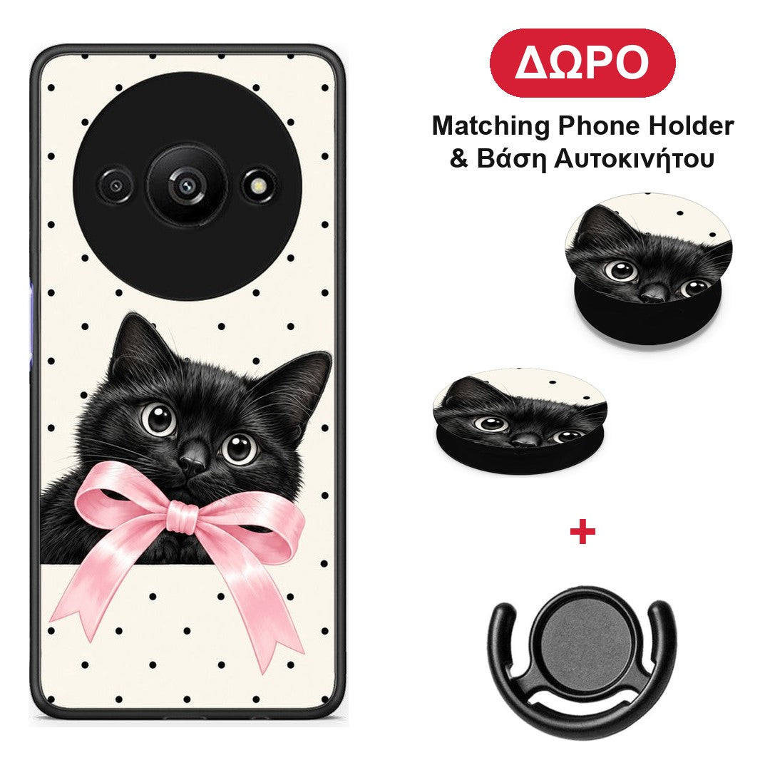 Black Kitten Pink Bow and Polka Dots - Xiaomi Redmi A3 θήκη + Δώρο Phone Holder & Βάση Αυτοκινήτου