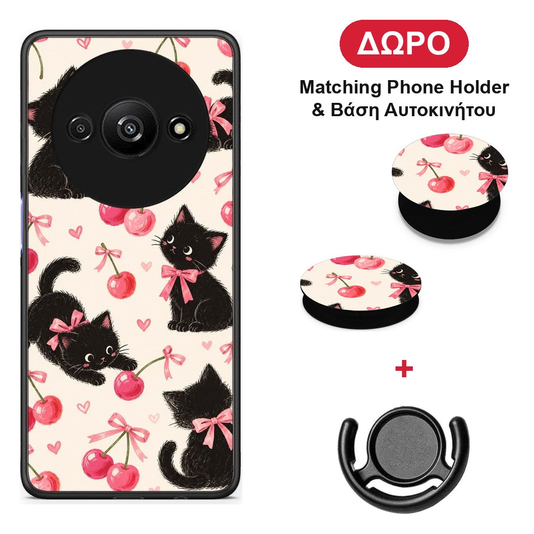 Black Kittens and Cherries on Cream - Xiaomi Redmi A3 θήκη + Δώρο Phone Holder & Βάση Αυτοκινήτου