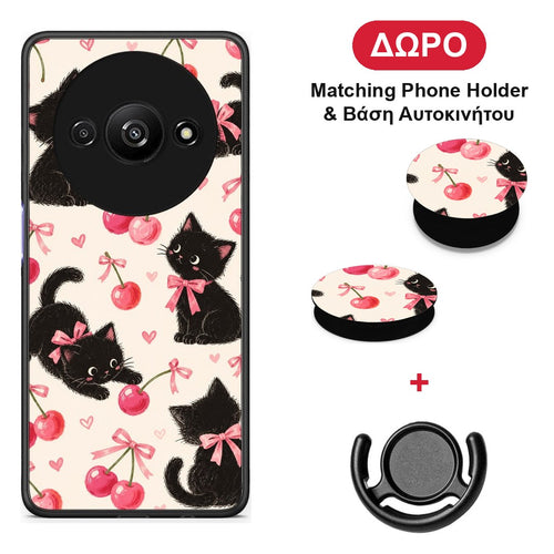 Black Kittens and Cherries on Cream - Xiaomi Redmi A3 θήκη + Δώρο Phone Holder & Βάση Αυτοκινήτου