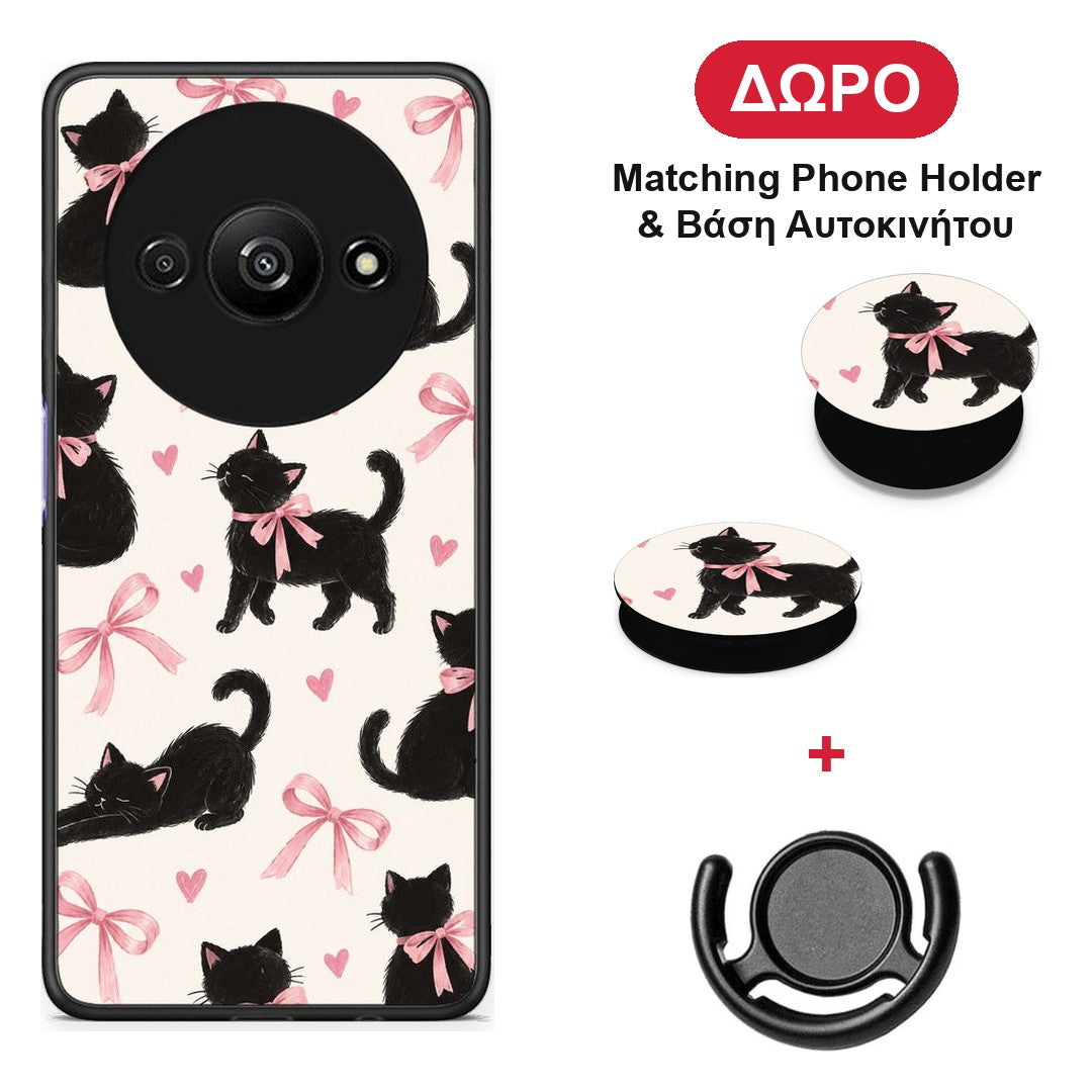 Black Kittens and Pink Bows on Cream Large - Xiaomi Redmi A3 θήκη + Δώρο Phone Holder & Βάση Αυτοκινήτου