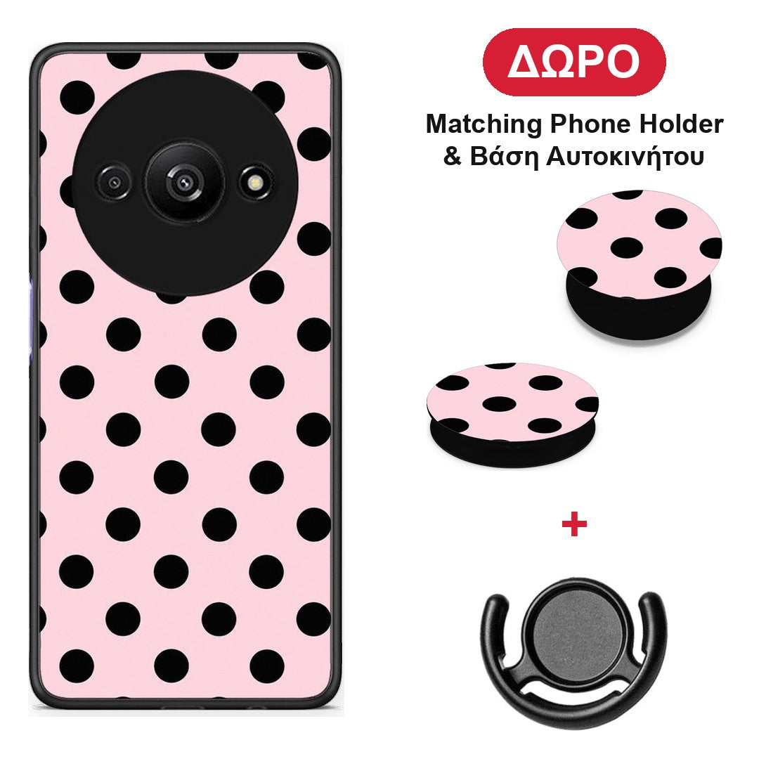Black Polka Dots on Pink - Xiaomi Redmi A3 θήκη + Δώρο Phone Holder & Βάση Αυτοκινήτου