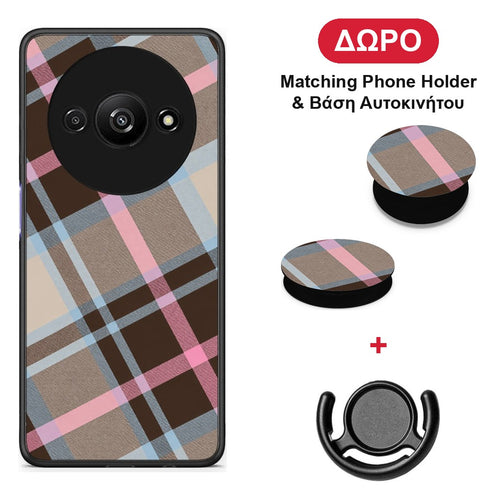 Brown Pink and Blue Diagonal Plaid - Xiaomi Redmi A3 θήκη + Δώρο Phone Holder & Βάση Αυτοκινήτου