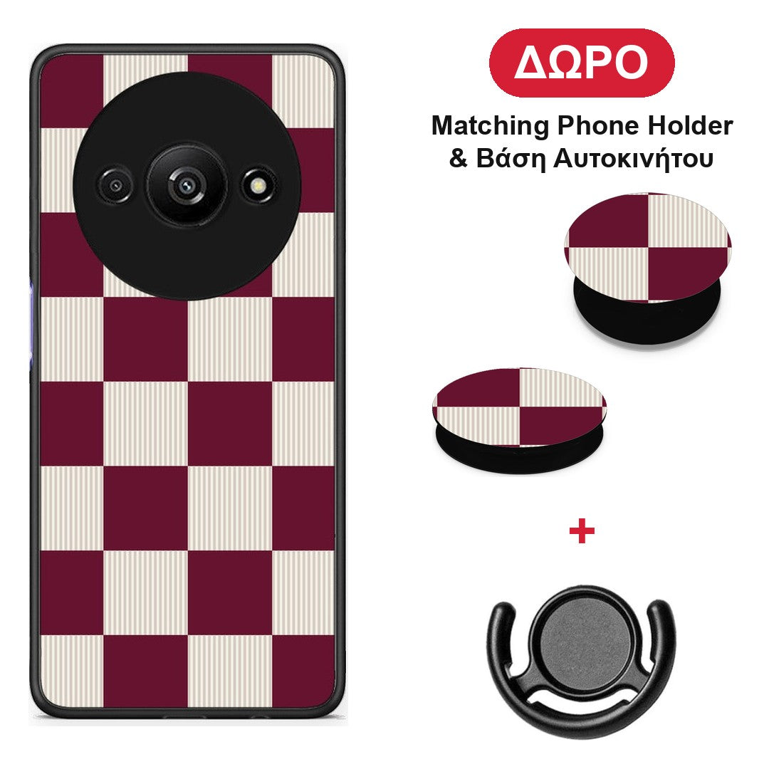 Burgundy and Cream Striped Checks - Xiaomi Redmi A3 θήκη + Δώρο Phone Holder & Βάση Αυτοκινήτου