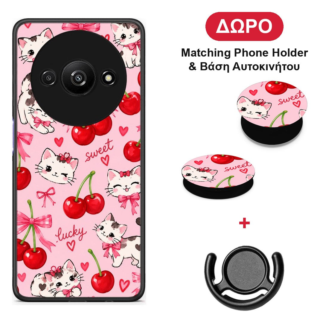 Cherries Bows and Kittens on Pink - Xiaomi Redmi A3 θήκη + Δώρο Phone Holder & Βάση Αυτοκινήτου